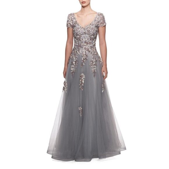 La Femme Gray Embroidered & Beaded Ballgown Floral Chiffon Dress - Picture 3 of 8